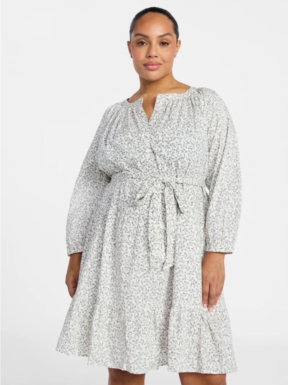 Terra & Sky Cream Floral Tie-Waist Long-Sleeve Dress Size: (0X/14W)